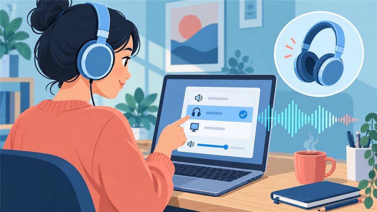 检查耳机和电脑声音输出设备的示意图