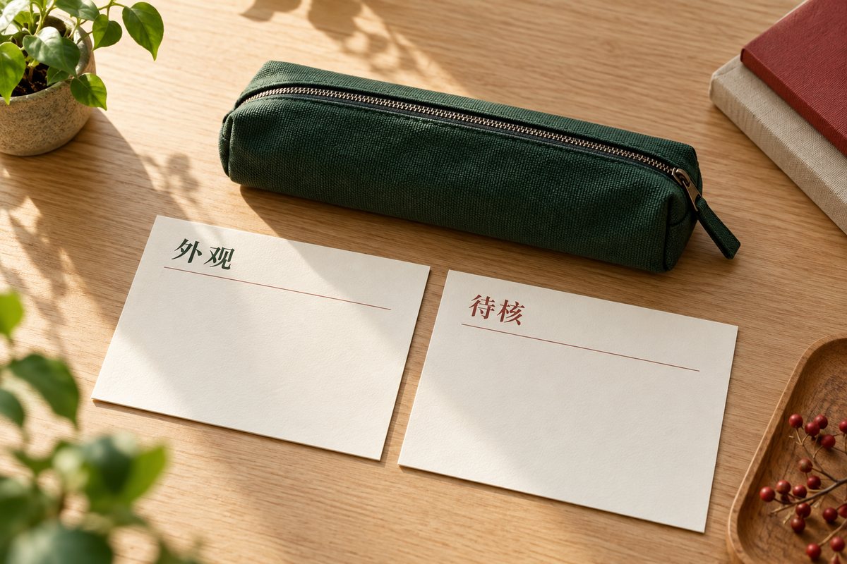 写有外观和待核的纸卡放在闭合笔袋旁