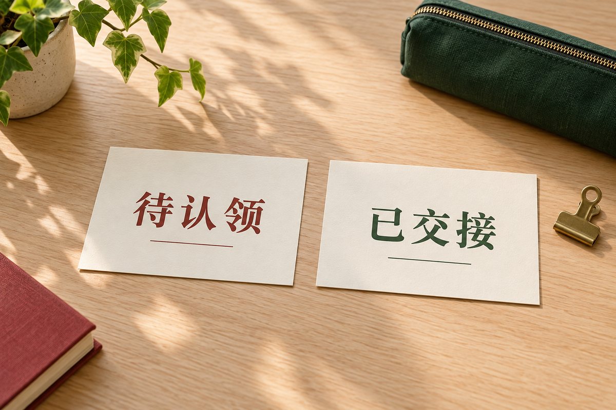 待认领与已交接两张状态卡和闭合笔袋