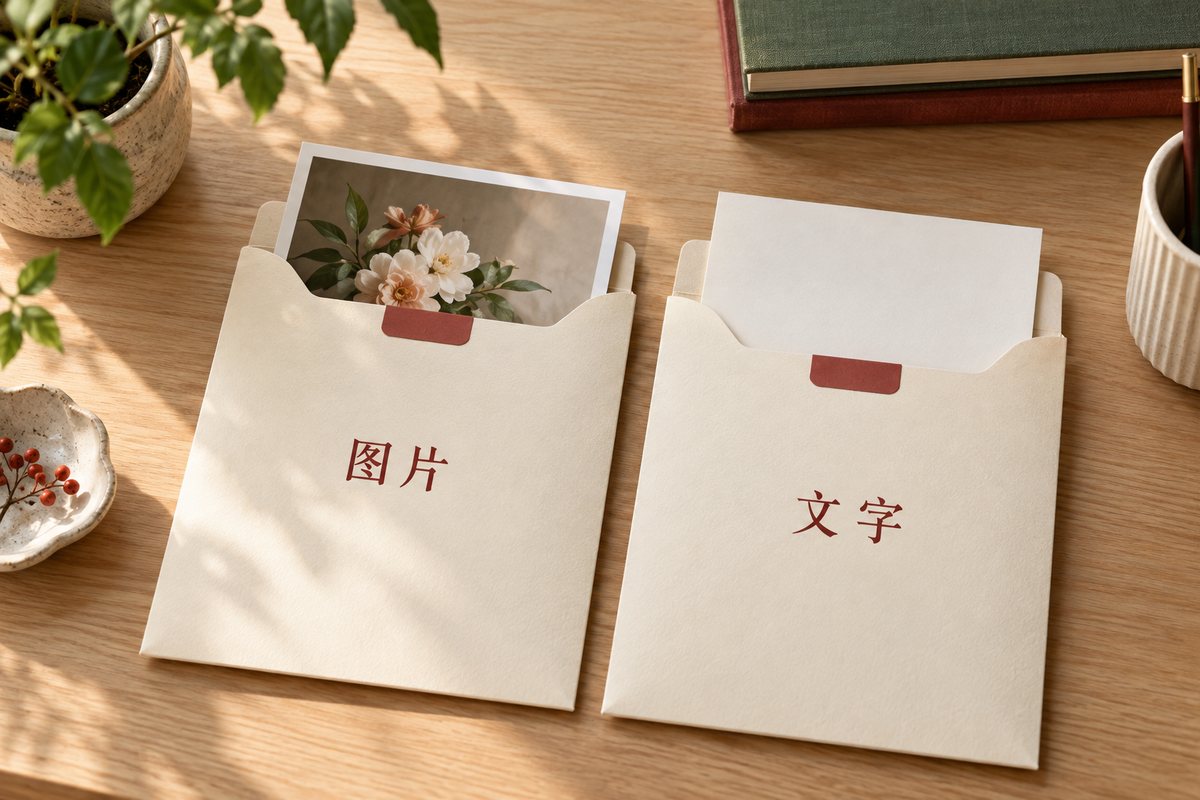 分别写有图片和文字的两个素材袋