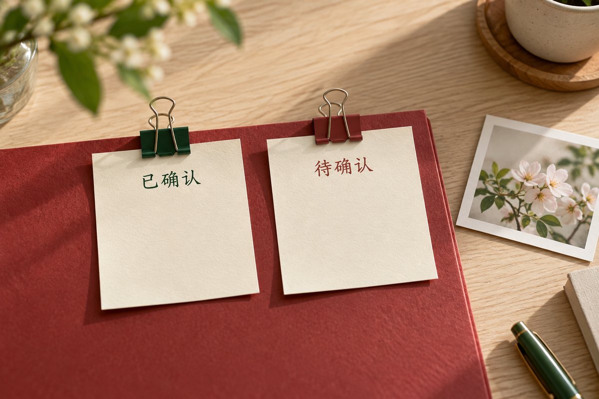 已确认与待确认两张纸卡夹在红色资料夹上